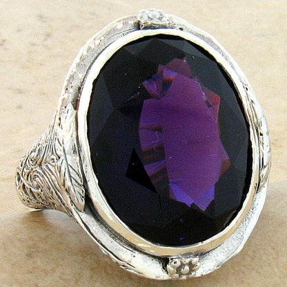 925 STERLING SILVER ANTIQUE STYLE LAB-CREATED 13 CT AMETHYST RING CHUNKY    #578