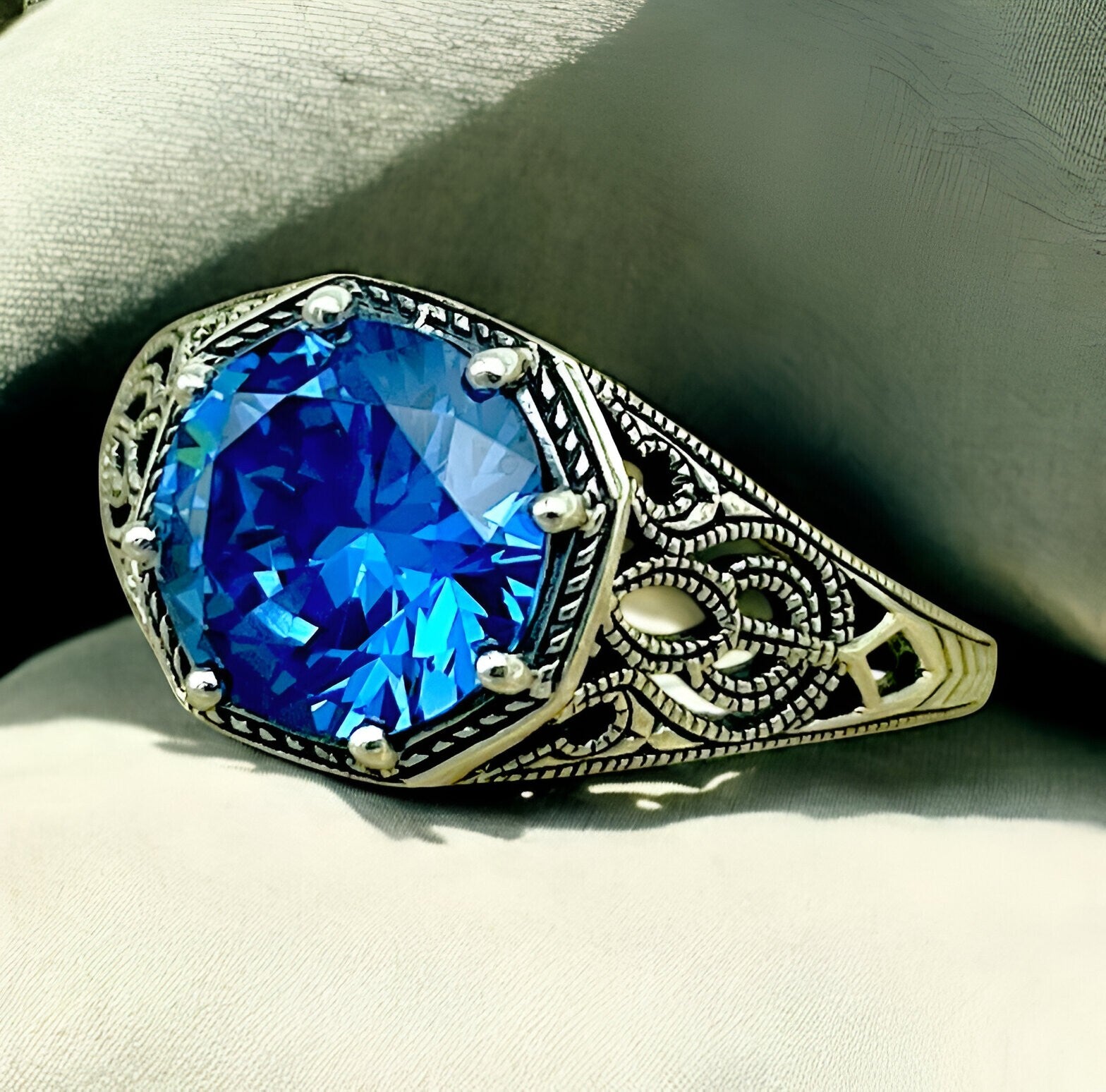VINTAGE STYLE CEYLON SAPPHIRE CZ 925 SOLID STERLING SILVER FILIGREE RING  #1275
