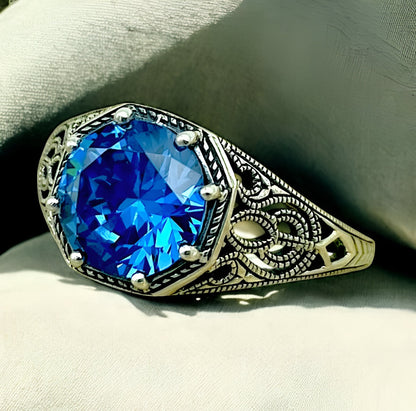 VINTAGE STYLE CEYLON SAPPHIRE CZ 925 SOLID STERLING SILVER FILIGREE RING  #1275