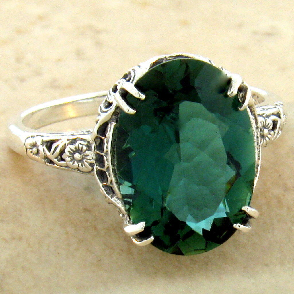 925 STERLING SILVER NOUVEAU ANTIQUE STYLE 4.5 CARAT SIMULATED EMERALD RING  #961