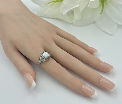 VINTAGE STYLE 925 STERLING SILVER LAB-CREATED WHITE OPAL FILIGREE RING      #800