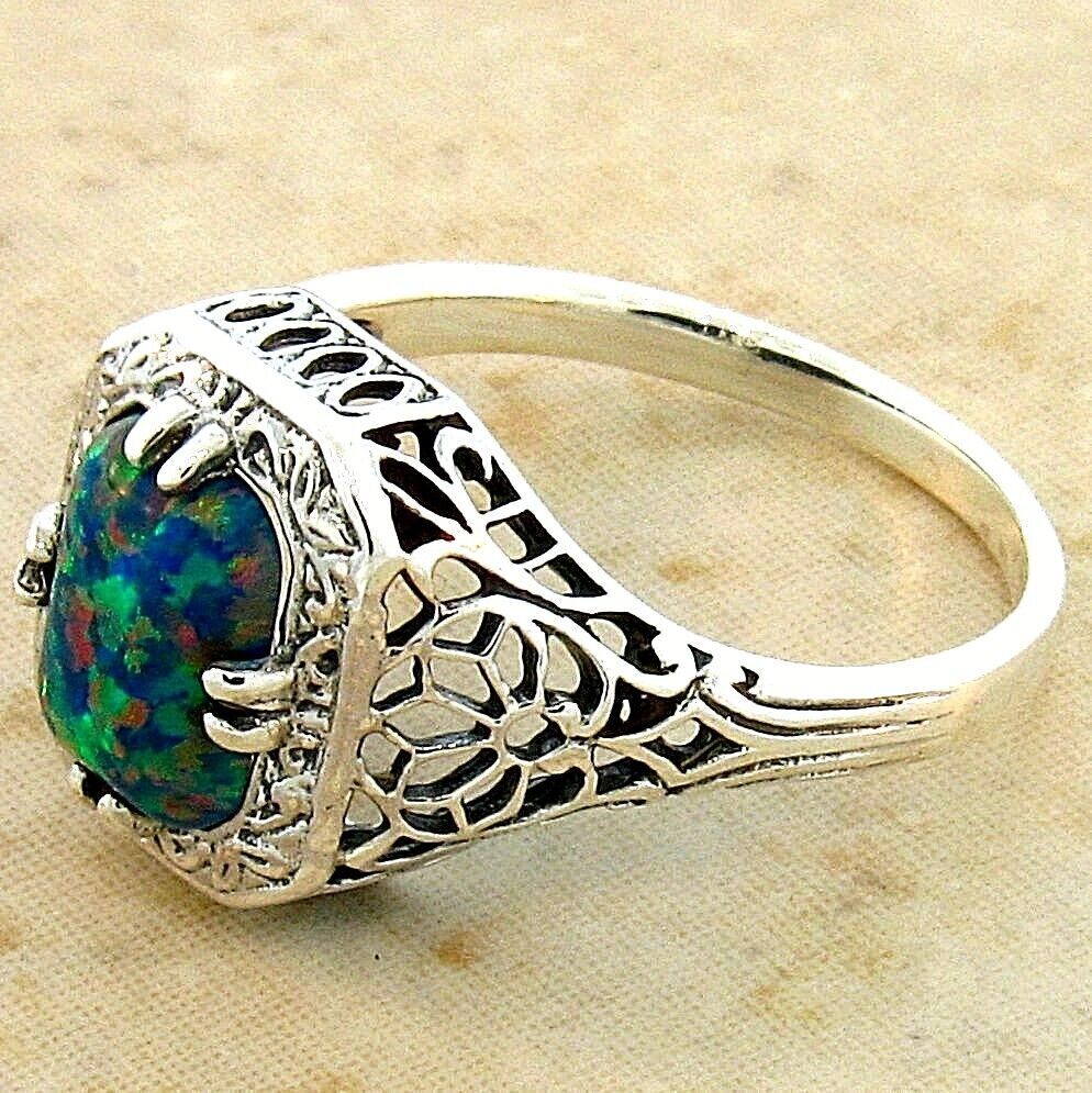 VINTAGE STYLE 925 STERLING SILVER LAB-CREATED BLACK OPAL FILIGREE RING      #686