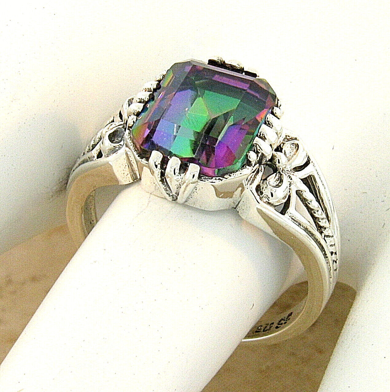 VINTAGE STYLE RAINBOW MYSTIC QUARTZ 925 STERLING SILVER FILIGREE RING       #842