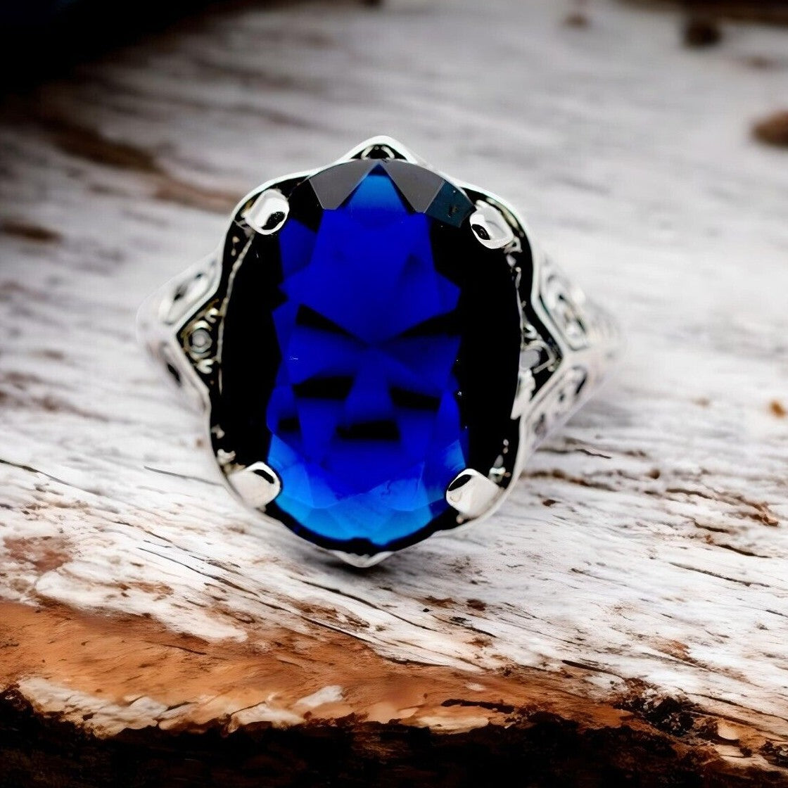 VINTAGE STYLE 925 STERLING SILVER HUGE ROYAL BLUE SIMULATED SAPPHIRE RING 1793
