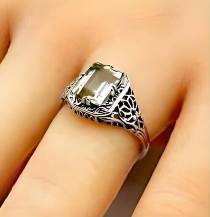 VINTAGE STYLE 925 STERLING SILVER GENUINE GREEN AMETHYST FILIGREE RING 1787