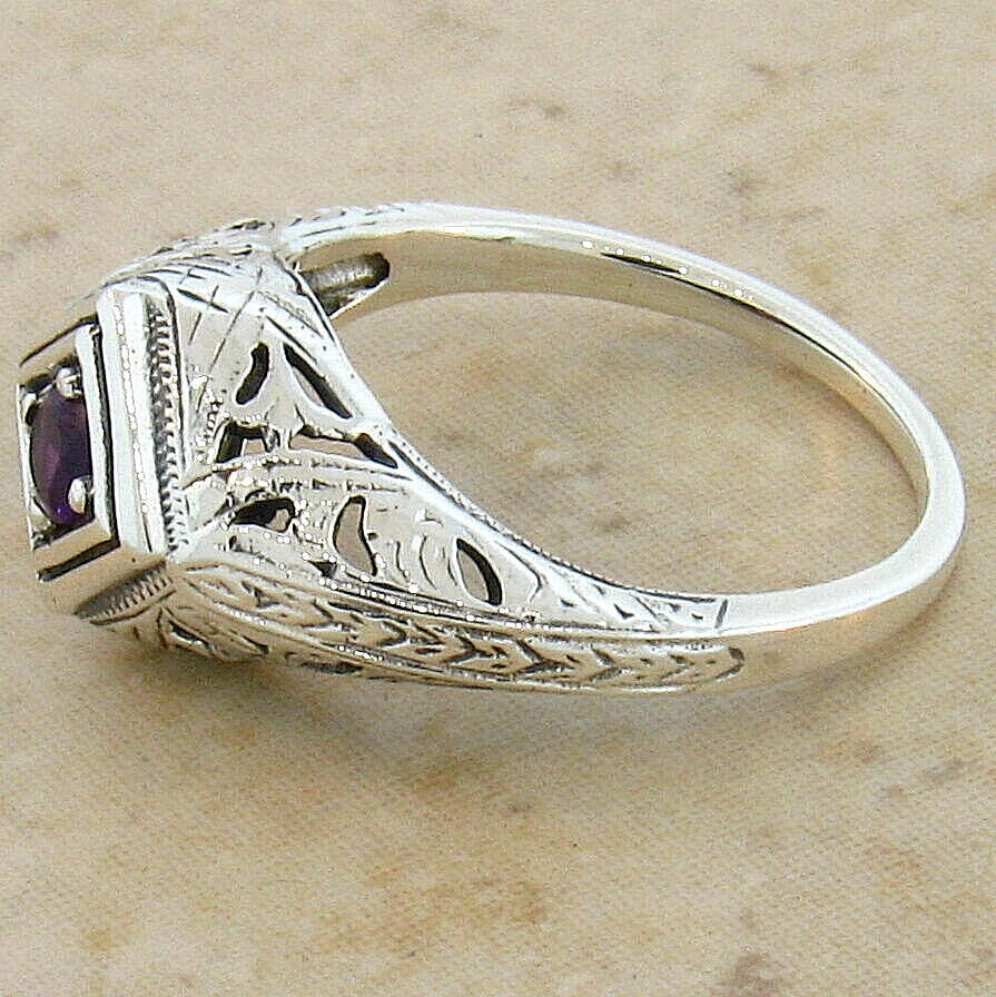 GENUINE AMETHYST 925 STERLING SILVER DECO ANTIQUE STYLE FILIGREE RING       #515