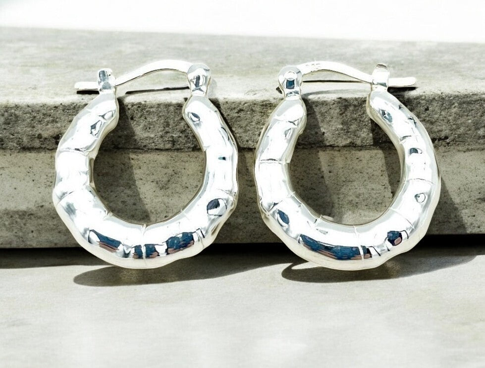 925 Sterling Silver Hoop Earrings, Bamboo Design Latch Back, Lightweight 1619
