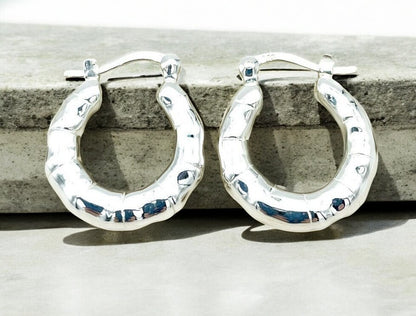 925 Sterling Silver Hoop Earrings, Bamboo Design Latch Back, Lightweight 1619