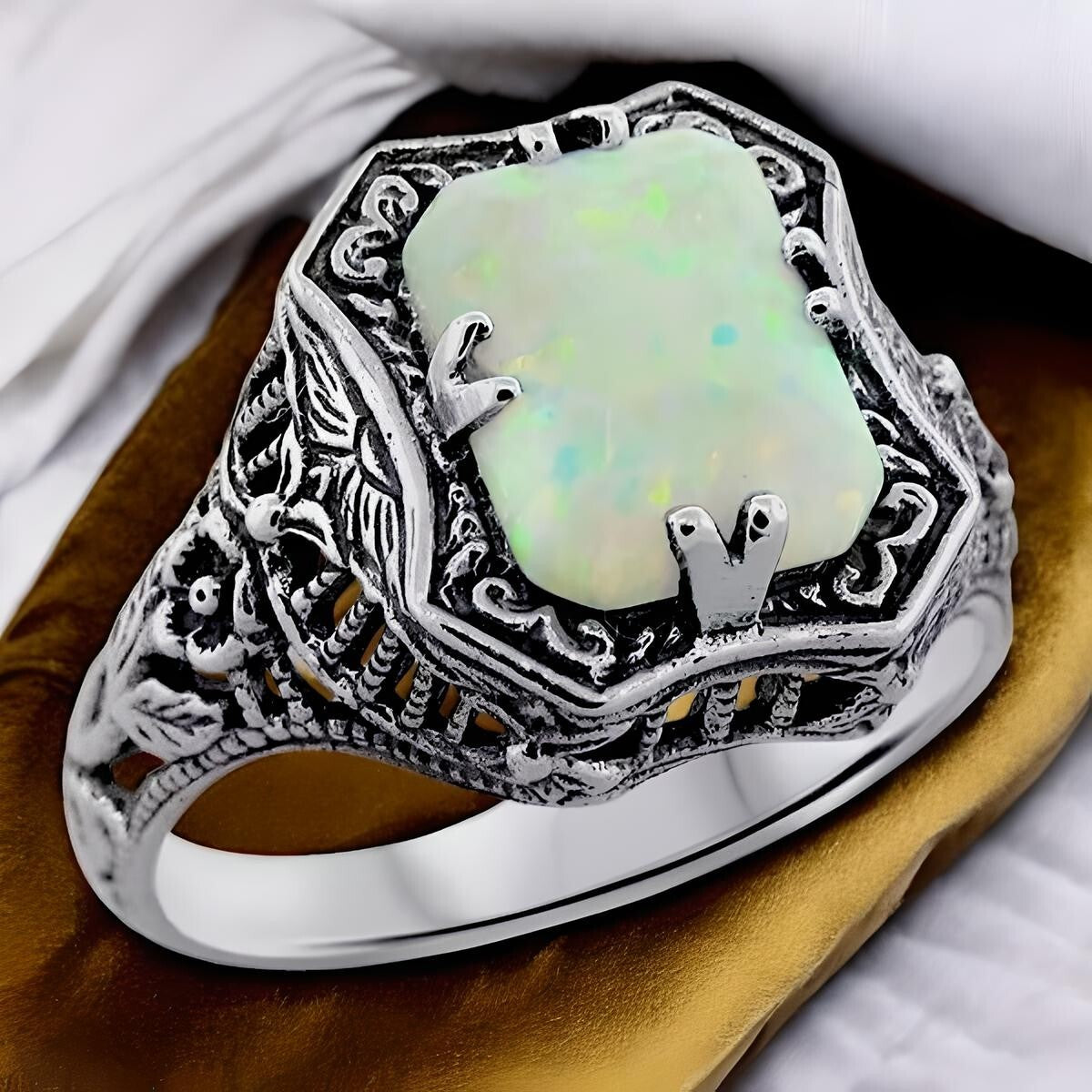 VINTAGE STYLE LAB-CREATED OPAL 925 STERLING SILVER FILIGREE RING           #1213