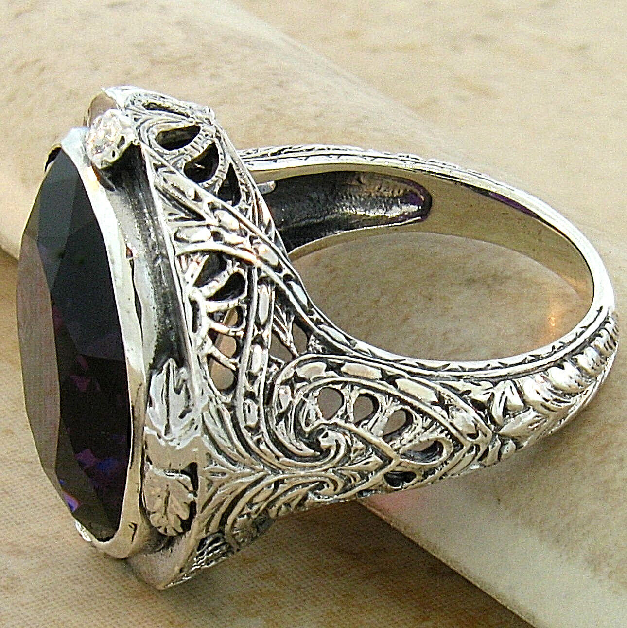 925 STERLING SILVER ANTIQUE STYLE LAB-CREATED 13 CT AMETHYST RING CHUNKY    #578