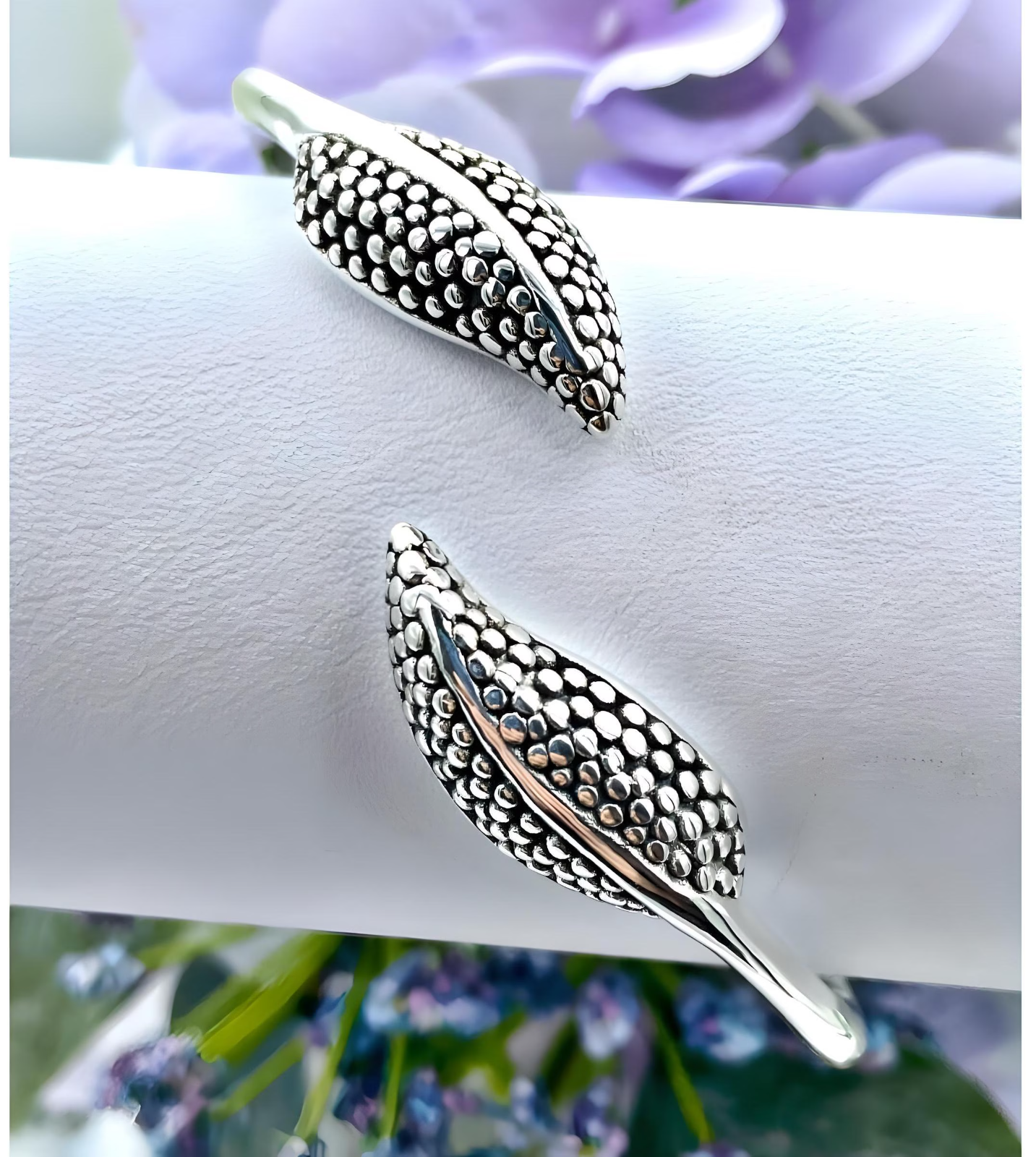 925 Sterling Silver Leaf Bangle Bracelet - 6.5" Lightweight Dotted Design 1451