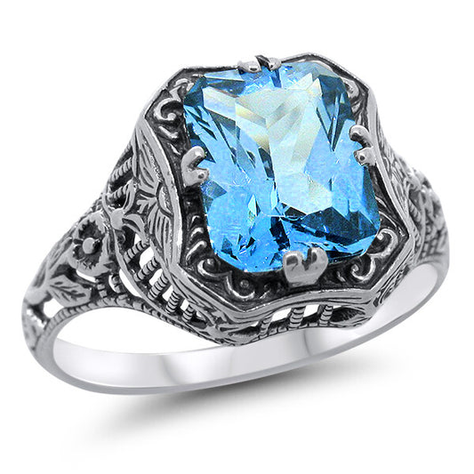 925 STERLING SILVER FILIGREE RING ANTIQUE DESIGN SIMULATED AQUAMARINE      #1311