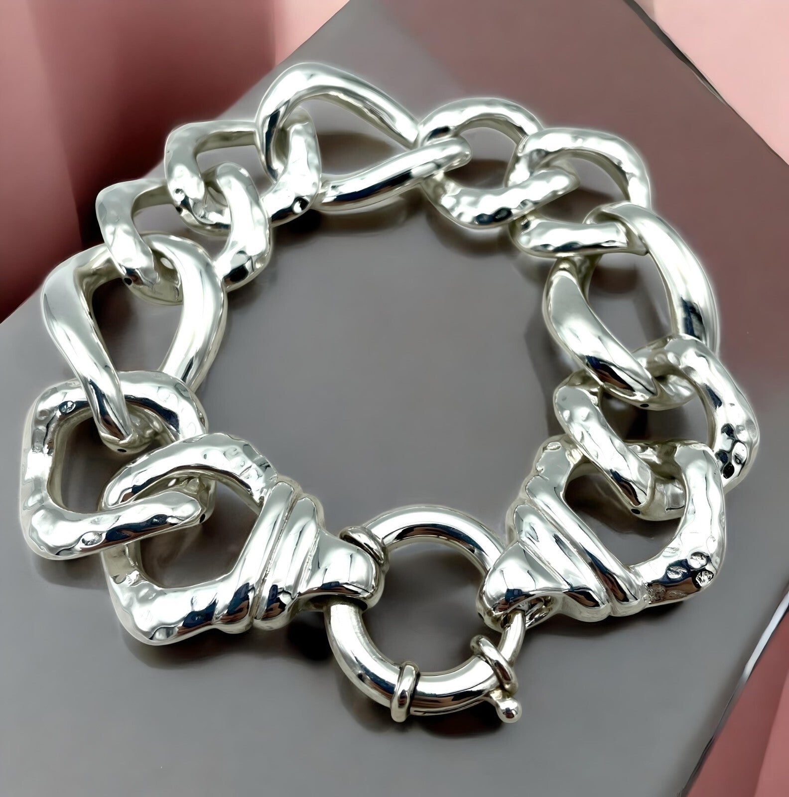 925 STERLING SILVER HAMMERED CURB LINK BRACELET 8" LIGHTWEIGHT 1563