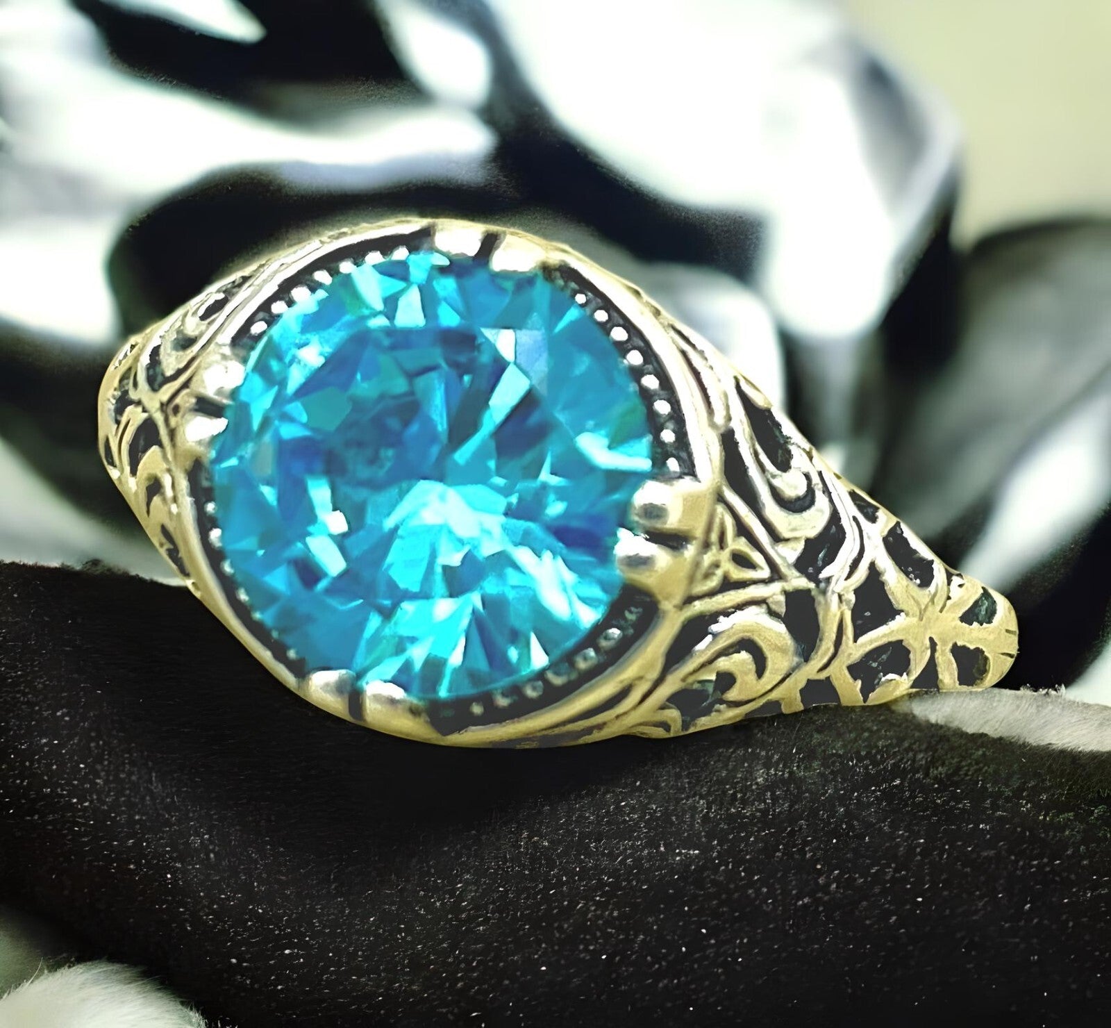 VINTAGE STYLE 925 STERLING SILVER AQUAMARINE CZ FILIGREE SOLITAIRE RING 1203