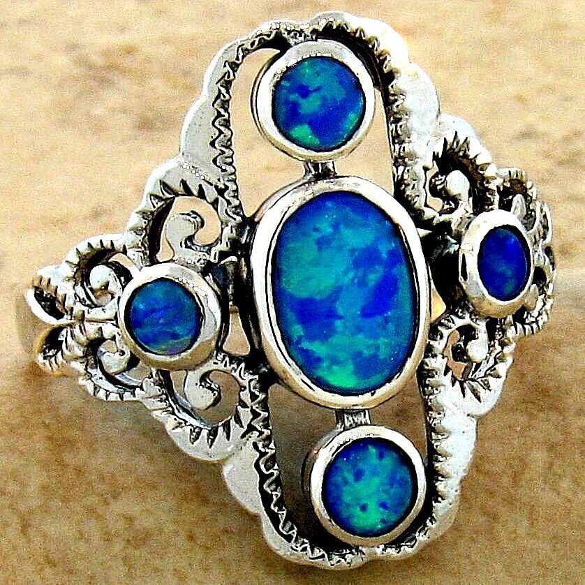 VINTAGE STYLE 925 STERLING SILVER LAB-CREATED BLUE FIRE OPAL RING           #651