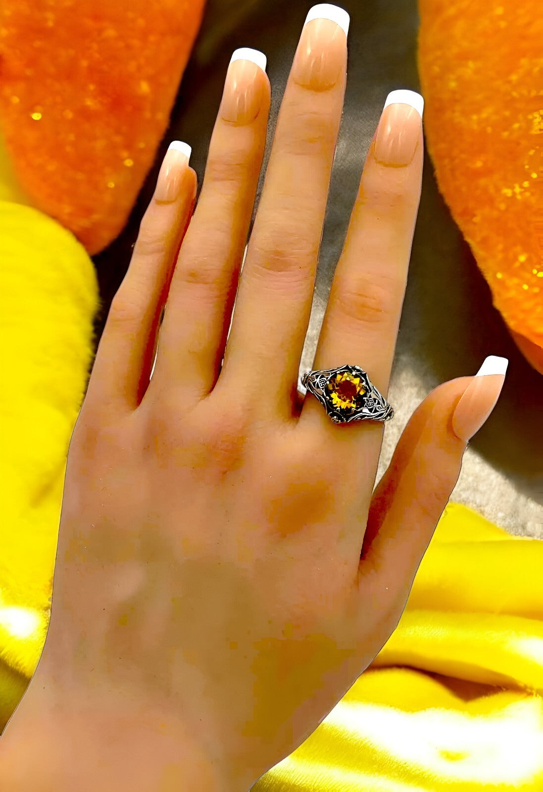 VINTAGE STYLE SCOTTISH THISTLE 925 STERLING SILVER LAB-CREATED CITRINE RING 890