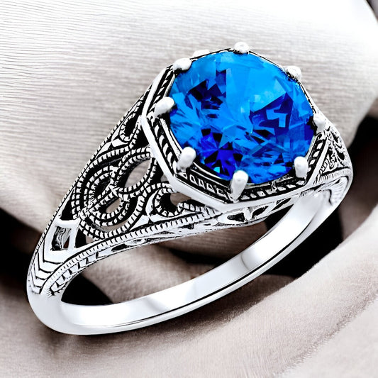 VINTAGE STYLE CEYLON SAPPHIRE CZ 925 SOLID STERLING SILVER FILIGREE RING  #1275