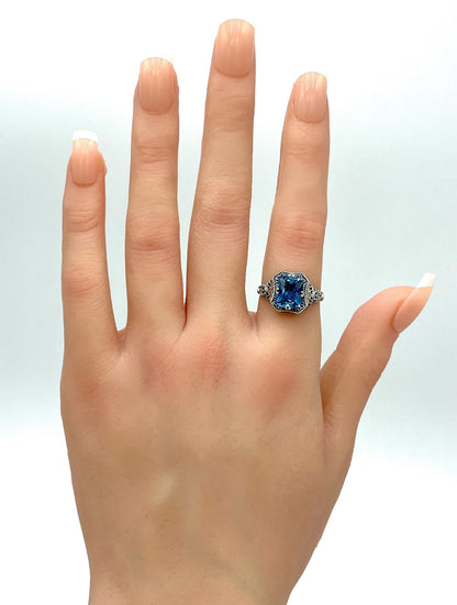 925 STERLING SILVER FILIGREE RING ANTIQUE DESIGN SIMULATED AQUAMARINE      #1311