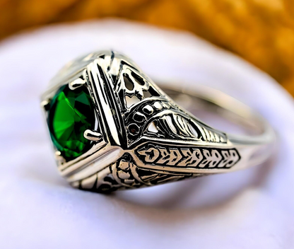 VINTAGE STYLE SIMULATED EMERALD 925 SOLID STERLING SILVER FILIGREE RING 1791