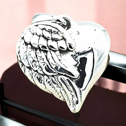 925 Sterling Silver  Cherished Heart with Angel Wings Pendant Lightweight 1234