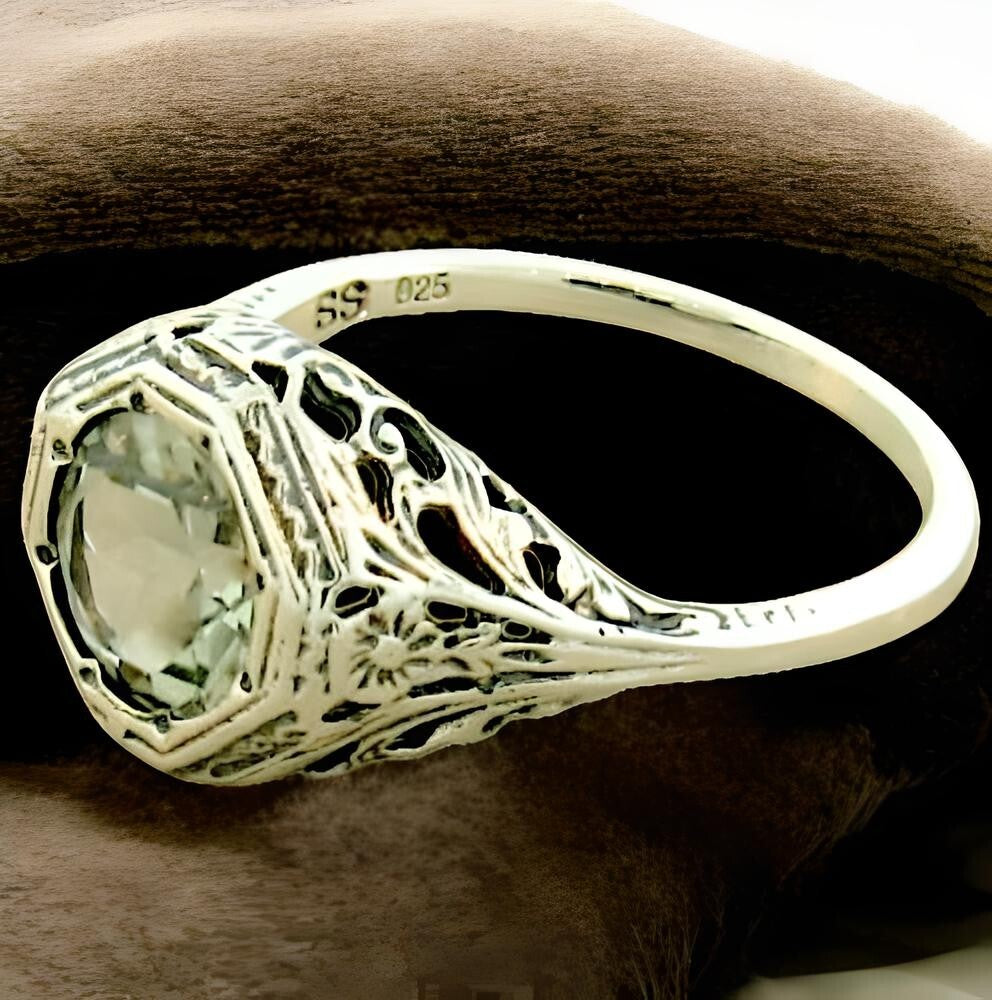 VINTAGE STYLE GENUINE GREEN AMETHYST 925 STERLING SILVER FILIGREE RING     #192