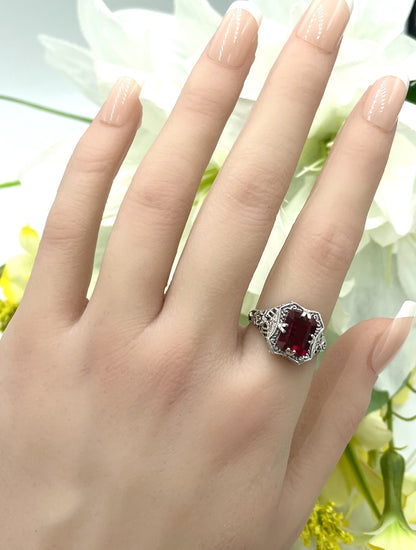 VIVID RED ANTIQUE STYLE 925 STERLING SILVER LAB-CREATED RUBY FILIGREE RING  1338