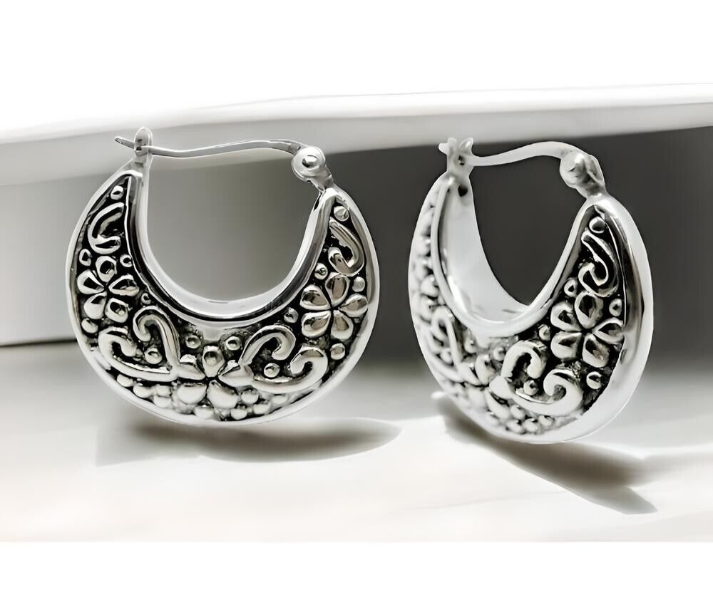 925 STERLING SILVER HEART & FLOWER DESIGN HOOP EARRINGS LIGHTWEIGHT 1560