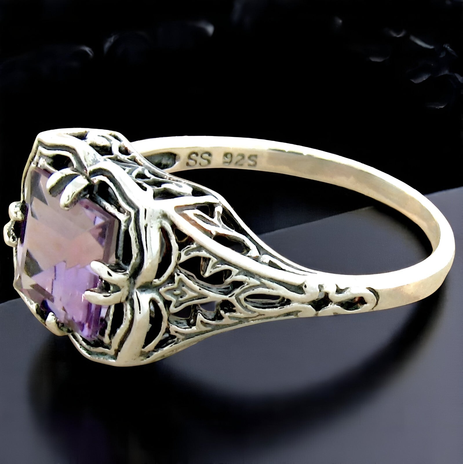GENUINE AMETHYST ART DECO STYLE  925 STERLING SILVER FILIGREE RING          #780