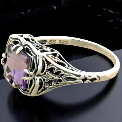 GENUINE AMETHYST ART DECO STYLE  925 STERLING SILVER FILIGREE RING          #780
