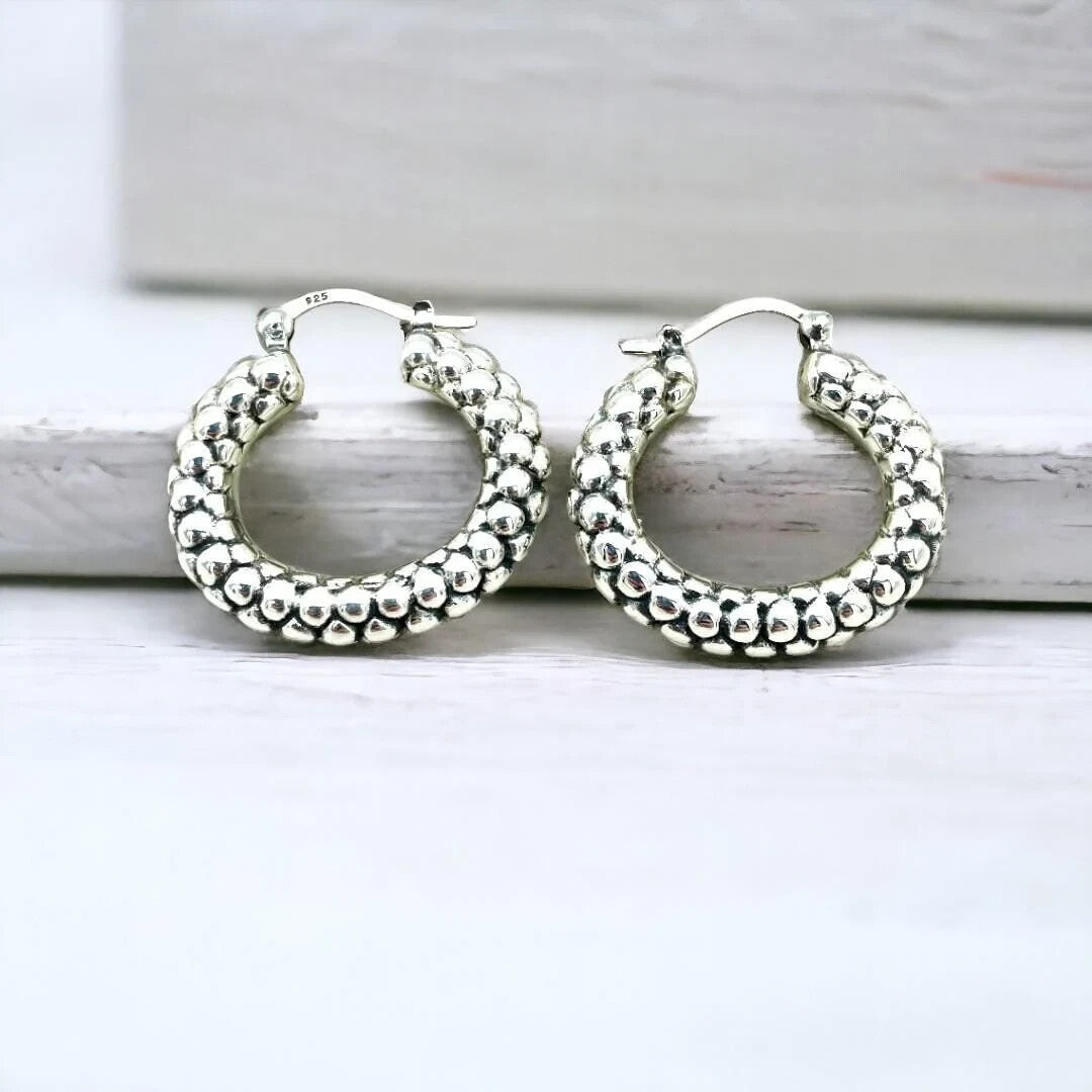 Chic 925 Sterling Silver Caviar Oval Hoops - Latch Back Design, Lightweight 1421