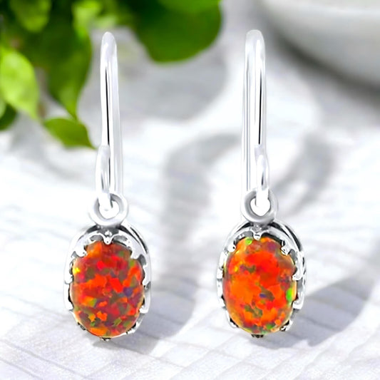 VINTAGE STYLE RED LAB CREATED FIRE OPAL 925 STERLING SILVER DANGLE EARRINGS 410