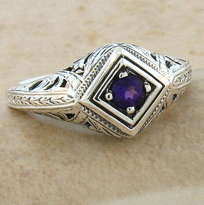 GENUINE AMETHYST 925 STERLING SILVER DECO ANTIQUE STYLE FILIGREE RING       #515