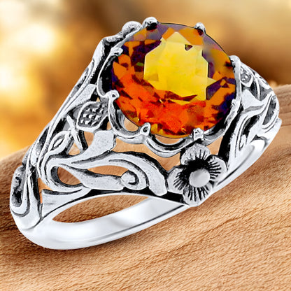 VINTAGE STYLE SCOTTISH THISTLE 925 STERLING SILVER LAB-CREATED CITRINE RING 890