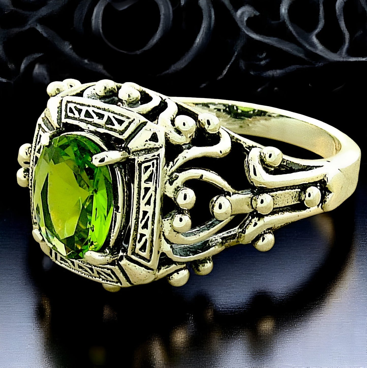 VINTAGE STYLE 925 STERLING SILVER SIMULATED 1 Ct PERIDOT FILIGREE RING      1144