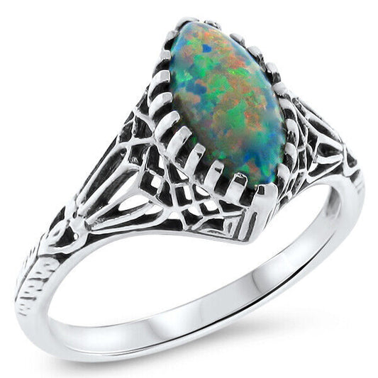 VINTAGE STYLE 925 STERLING SILVER LAB-CREATED BLACK OPAL FILIGREE RING      744Z
