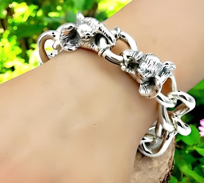 925 Sterling Silver Elephant Head Bracelet - 8" Chunky Curb Link Chain 1591