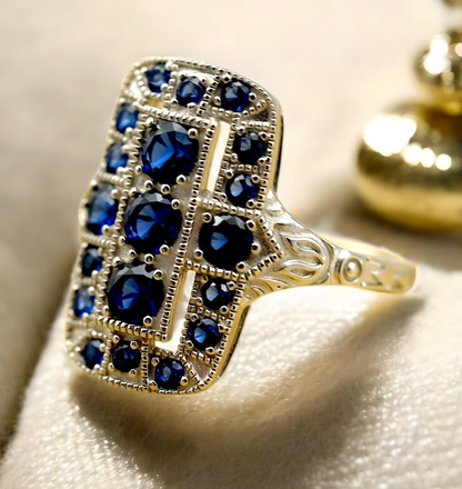 VINTAGE STYLE 925 STERLING SILVER SIMULATED SAPPHIRE RING RHODIUM PLATED 1763