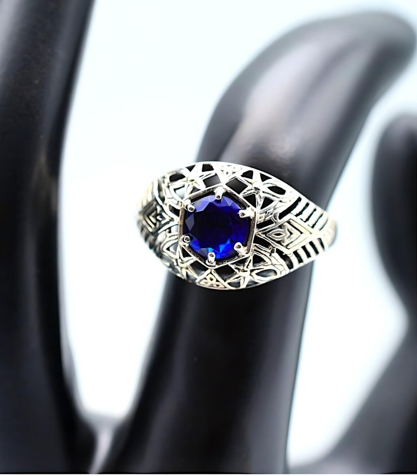 VINTAGE STYLE ROYAL BLUE SIMULATED SAPPHIRE 925 SOLID STERLING SILVER RING 1803