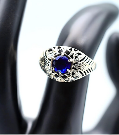 VINTAGE STYLE ROYAL BLUE SIMULATED SAPPHIRE 925 SOLID STERLING SILVER RING 1803