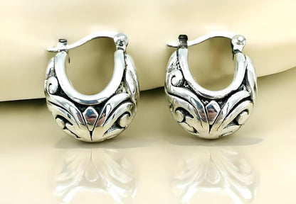 925 Sterling Silver Filigree Design Hoop Earrings, Lightweight Latch Back 1386