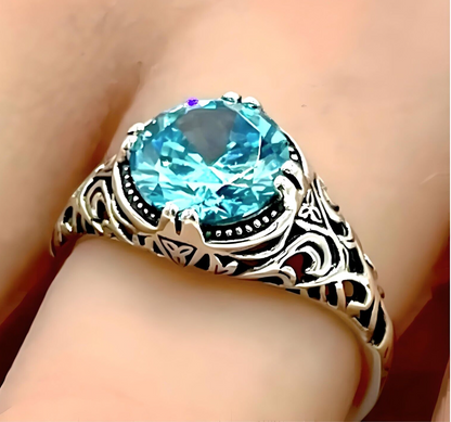 VINTAGE STYLE 925 STERLING SILVER AQUAMARINE CZ FILIGREE SOLITAIRE RING 1203