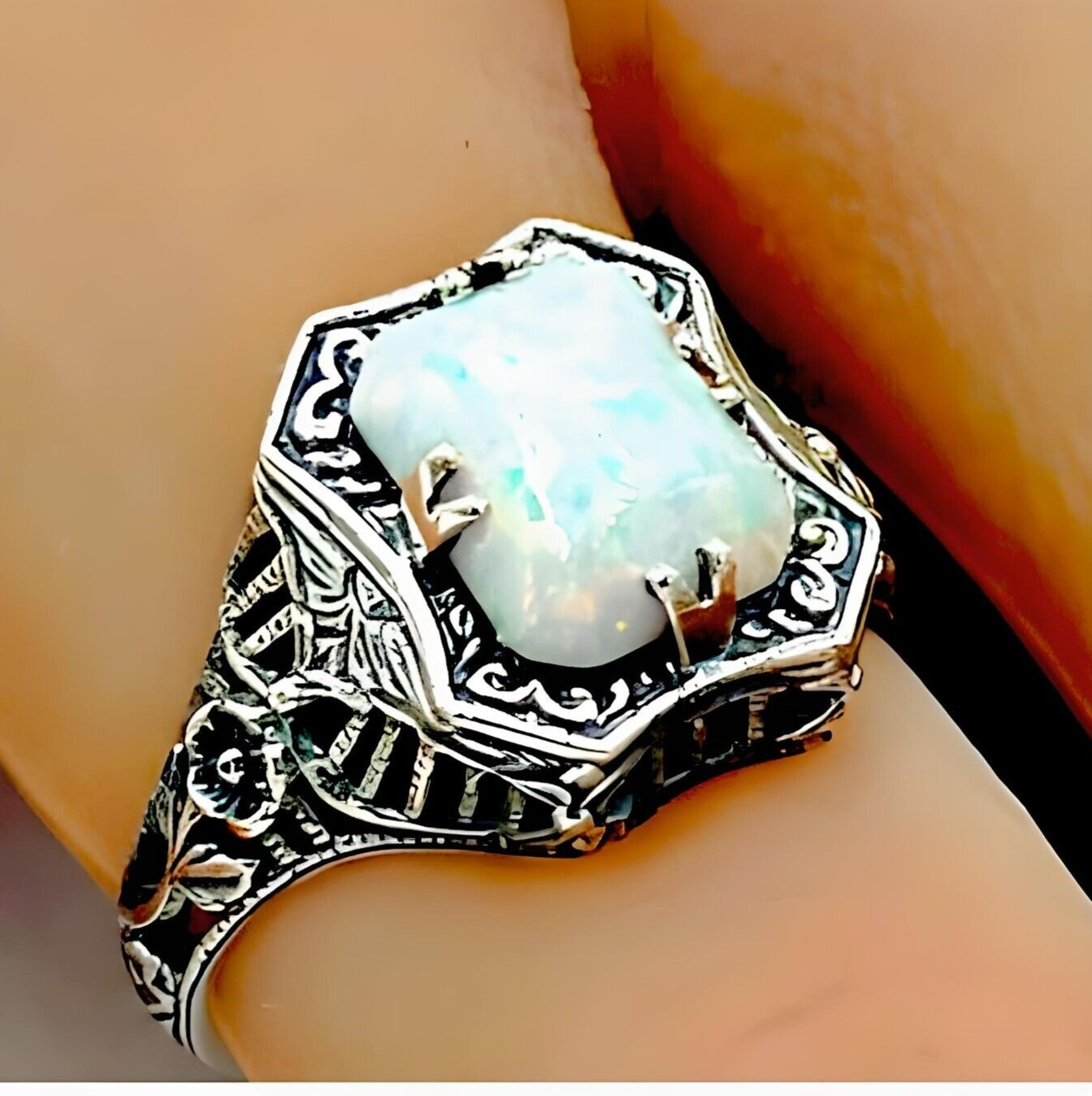 VINTAGE STYLE LAB-CREATED OPAL 925 STERLING SILVER FILIGREE RING           #1213