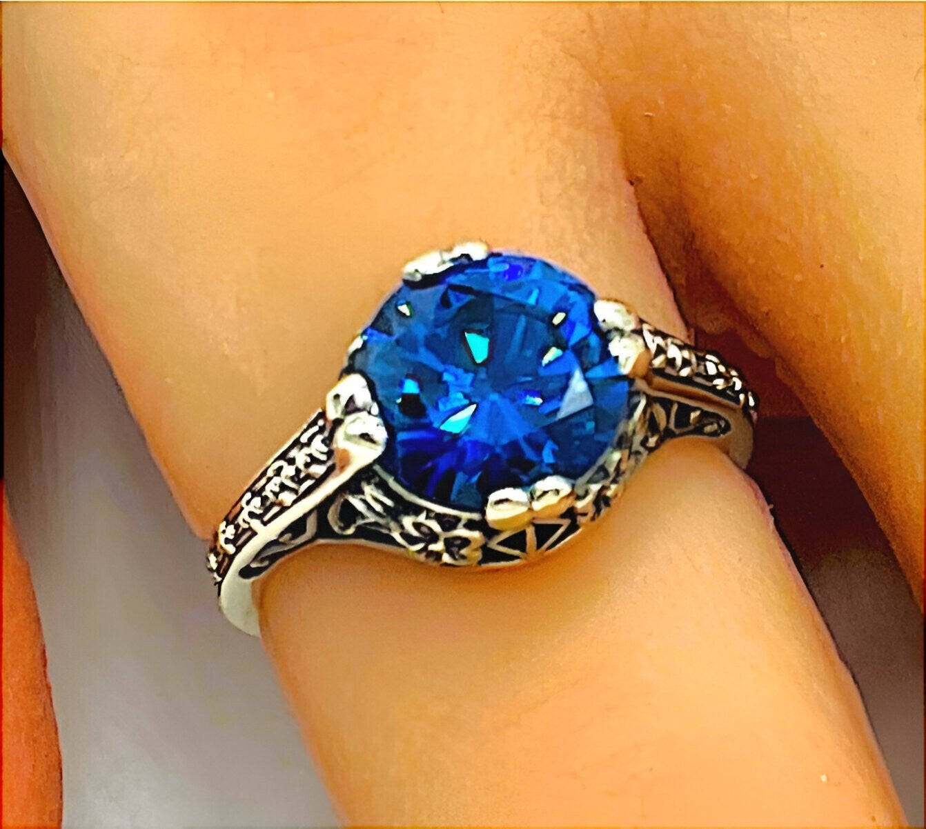 WEDDING ENGAGEMENT CEYLON SAPPHIRE CZ 925 STERLING SILVER FILIGREE RING    #1195