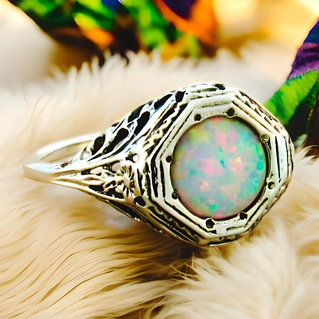VINTAGE STYLE 925 STERLING SILVER SOLITAIRE LAB-CREATED OPAL FILIGREE RING #432