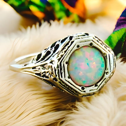 VINTAGE STYLE 925 STERLING SILVER SOLITAIRE LAB-CREATED OPAL FILIGREE RING #432