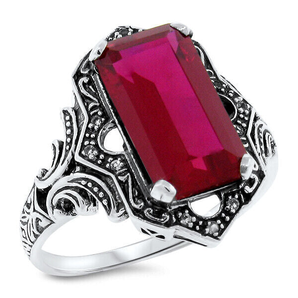 VICTORIAN STYLE CLASSIC 925 STERLING SILVER 6.5 CT LAB-CREATED RUBY RING    #466
