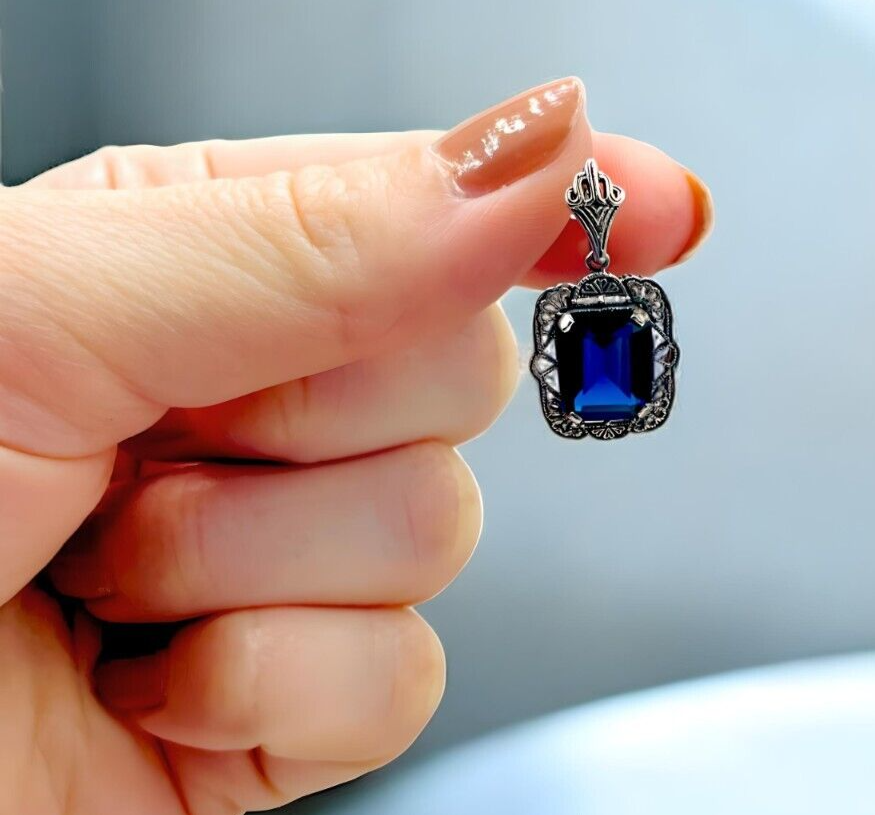 VINTAGE STYLE 925 STERLING SILVER SIMULATED SAPPHIRE FILIGREE EARRINGS 1816