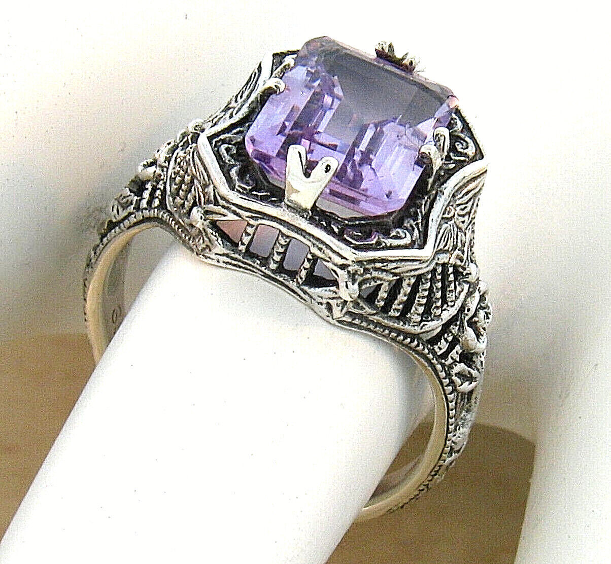 GENUINE AMETHYST 925 STERLING SILVER ART DECO STYLE SOLITAIRE FILIGREE RING #244