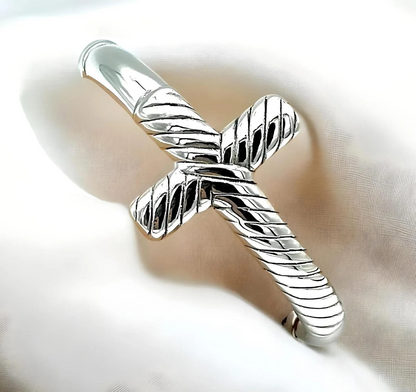 925 Sterling Silver Cross Bangle - 7 " Lightweight Twisted Design Bracelet 1381