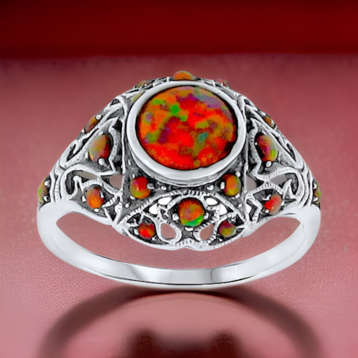 925 STERLING SILVER ANTIQUE STYLE LAB-CREATED RED FIRE OPAL FILIGREE RING   #027